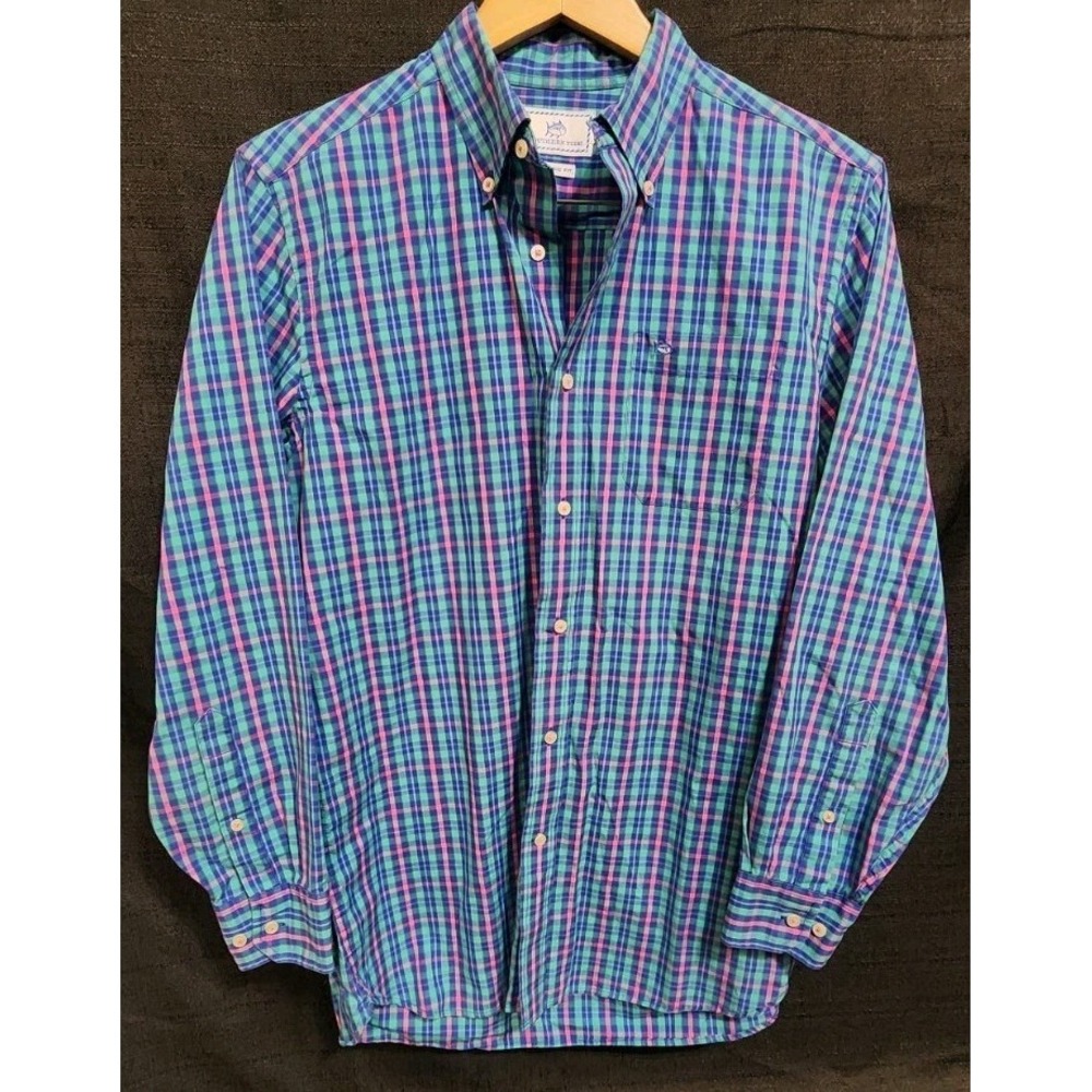 Southern Tide Classic Fit Men's Long Sleeve Cotton Blue Pink Plaid Button Up SzS